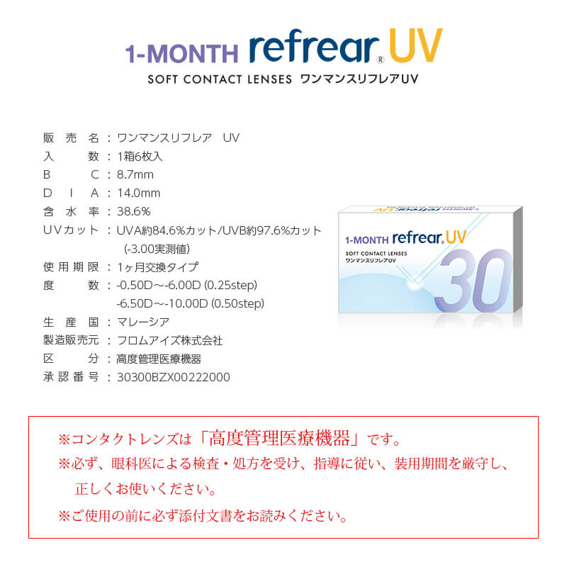 ワンマンスリフレア (1month Refrear)  クリアコンタクトレンズのスペック