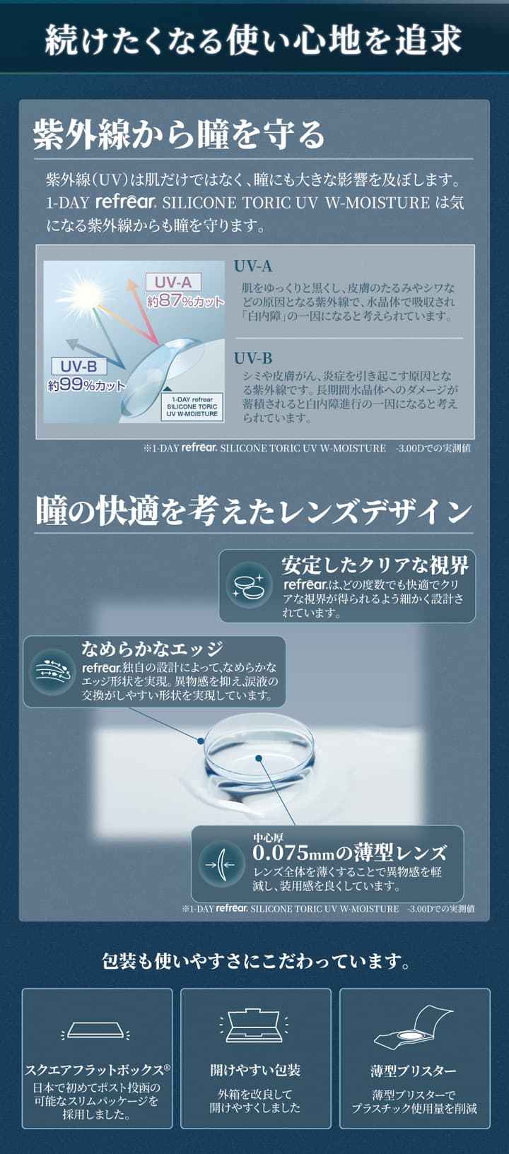 1-DAY refrear SILICONE UV TORICのスペック