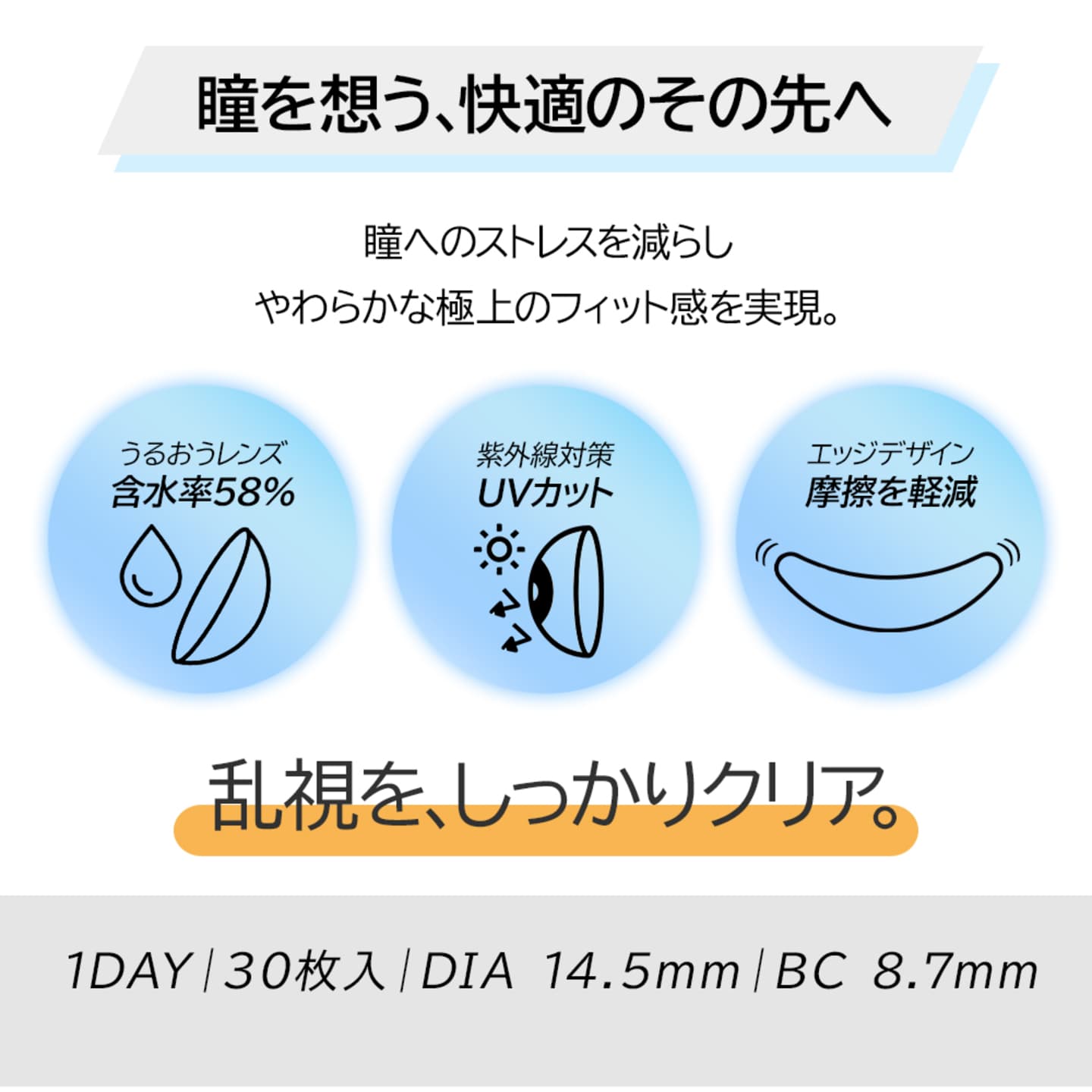 ピュアアイズワンデートーリック（乱視用ワンデーコンタクトレンズ）の商品スペック - 瞳へのストレスと減らし、やわらかな極上のフィット感を実現。